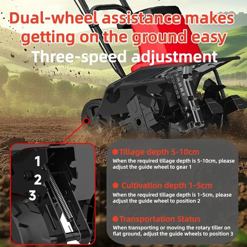 Electric Cultivator, Rotary Tiller Adjustable Height Garden Hand-held Cultivator Ditching and Plowing Unit for Land Preparation