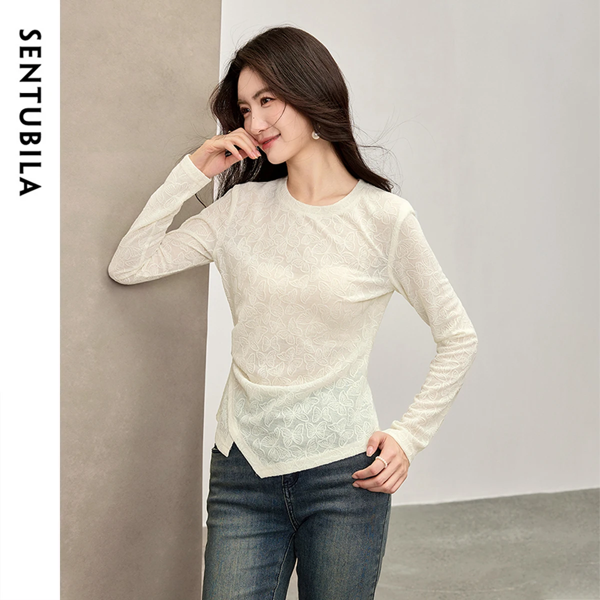 SENTUBILA Lace T-Shirt For Woman 2026 Autumn O-Neck Irregular Pendulum Fitted Waist Slim Fitted Long Sleeve T-Shirt 153SA2660