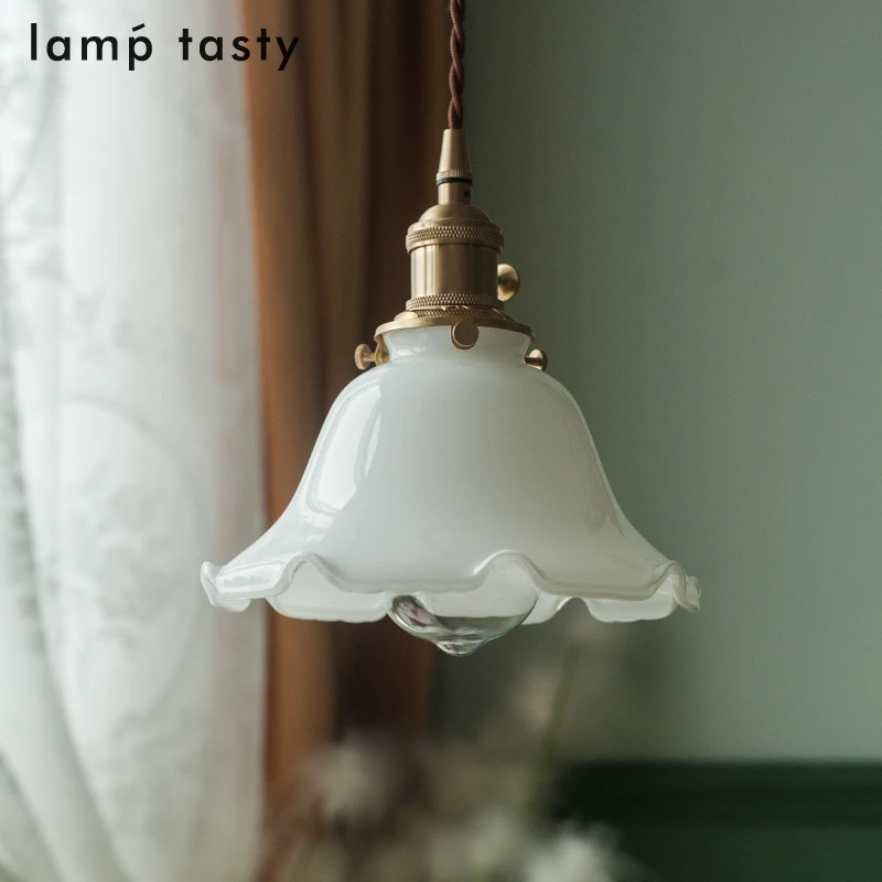 Japanese style skirt edge lace retro glass pendant light tea room bar counter milky white glass bedside pendant light