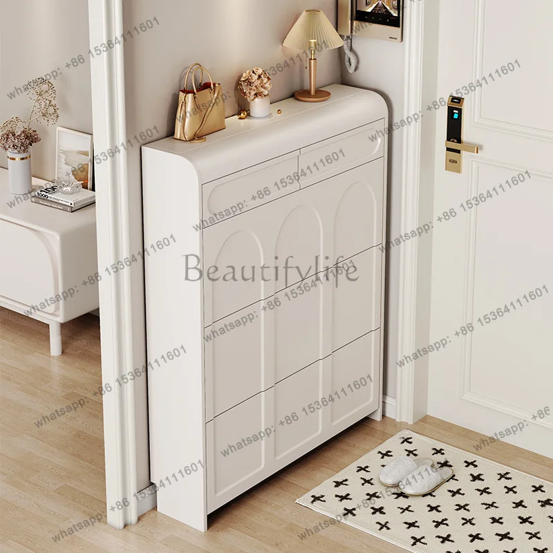 LJY Cream Color Flip Down Shoe Cabinet Ultra Thin Space Saving Entryway Storage Wall Shoe Rack Organizer