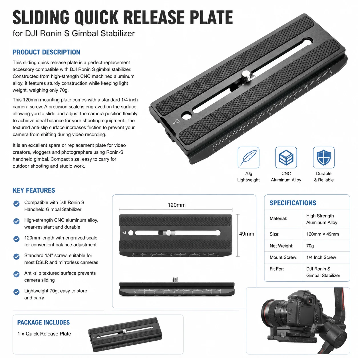 BEXIN 120mm Szybkozłączka do DJI Ronin S, ze stopu aluminium, z gwintem 1/4 cala, linijką i antypoślizgową powierzchnią, akcesorium do stabilizatora gimbal. — zdjęcie produktu 4