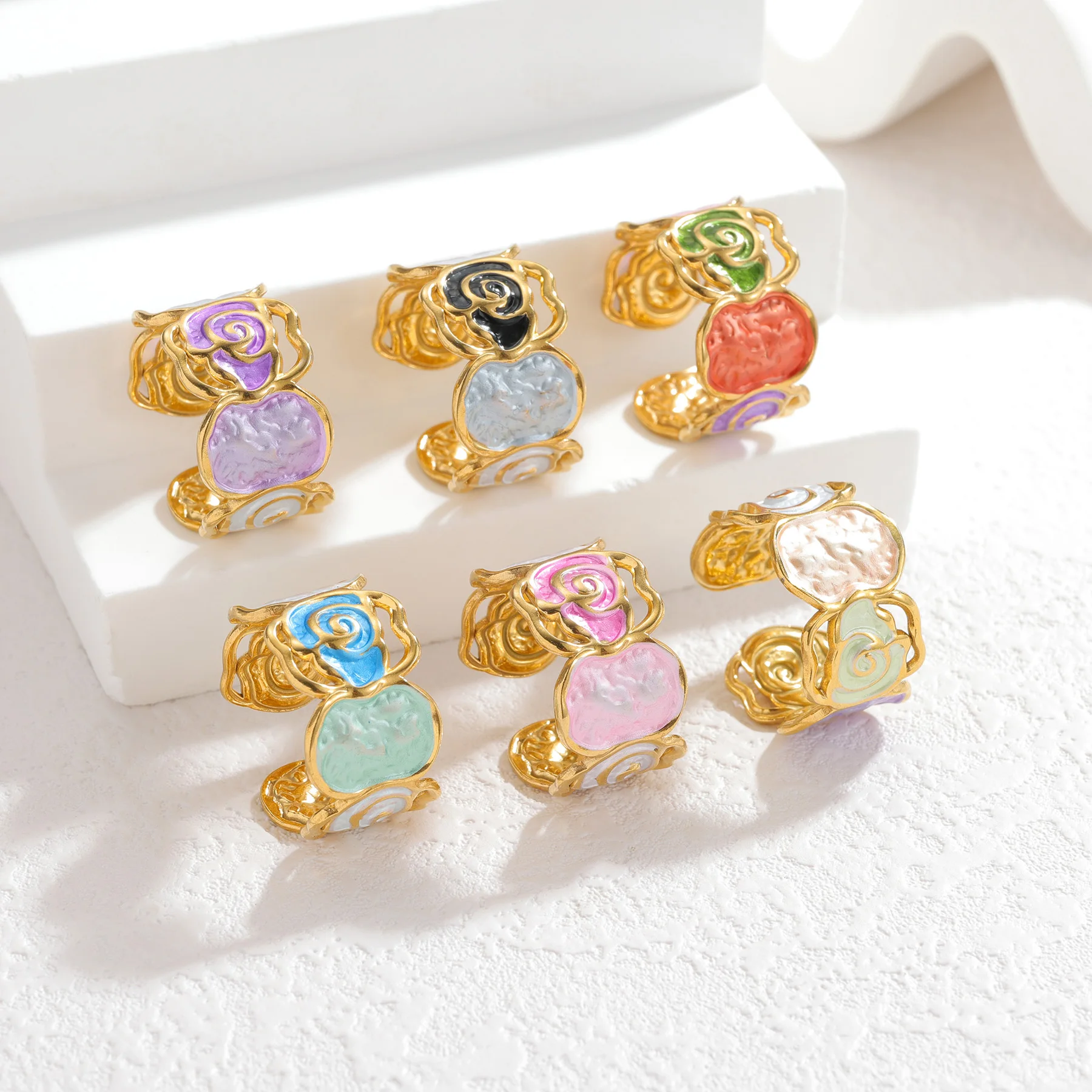 Atoztide موضة غير النظامية الملونة النفط نازف الدائري للنساء الفولاذ المقاوم للصدأ ضبط بيان حلقة مفتوحة زوجين مجوهرات هدية