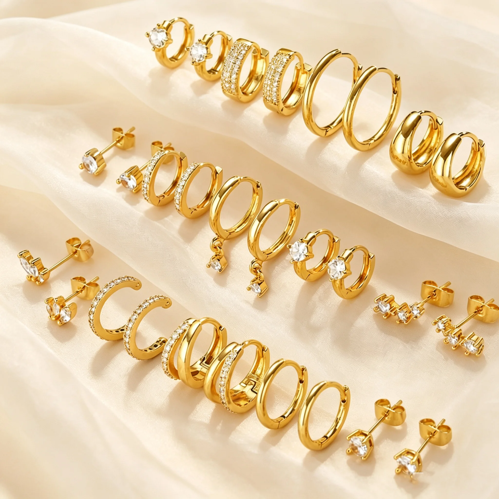 4pcs/5pcs Gold Color Zircon Earrings Set for Women, Lightweight Huggie Hoops Earrings, Multiple Piercing Dainty Jewelry Set