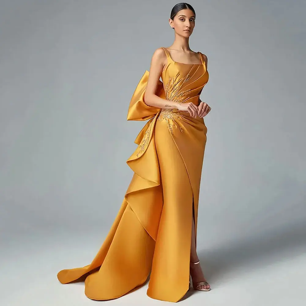 Unique Orange Satin Evening Dresses Women 2024 Sequins Prom Gown Spaghetti Straps Backless Big Bow Custom Made Split Formal Robe