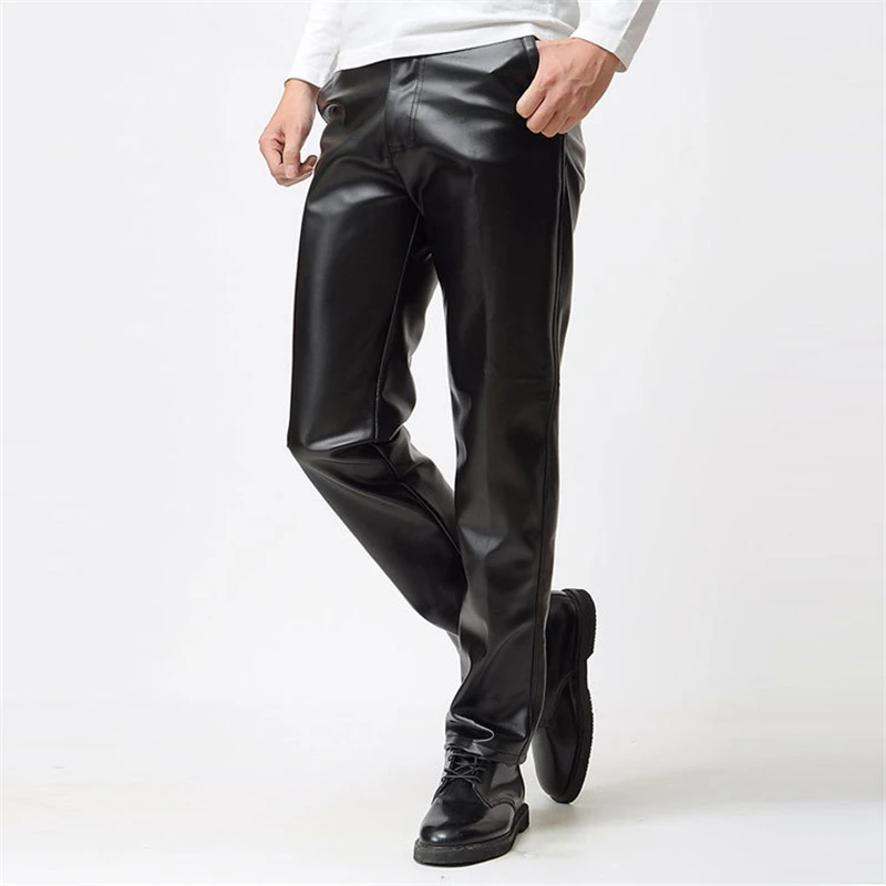 Hot Sale Man Leather Moto Pants Spring Winter Men Slim Pu Leather Trousers High Elastic Man Motorcycle Pants Street Pu Trouser