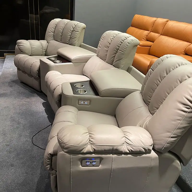 Electric Recliner Leather Sofa Set Furniture for Living Room, Beige Cinema Sofa Reclinable