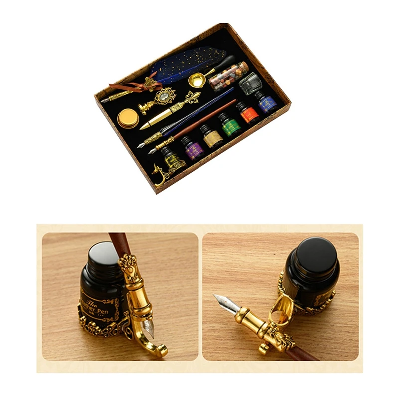 16 Stuks Antieke Veer Dip Kit Retro Houten Dip Pen Set Klassieke Lakzegel Stempel Kit Voor Kalligrafie Kunstwoorden Geschenken