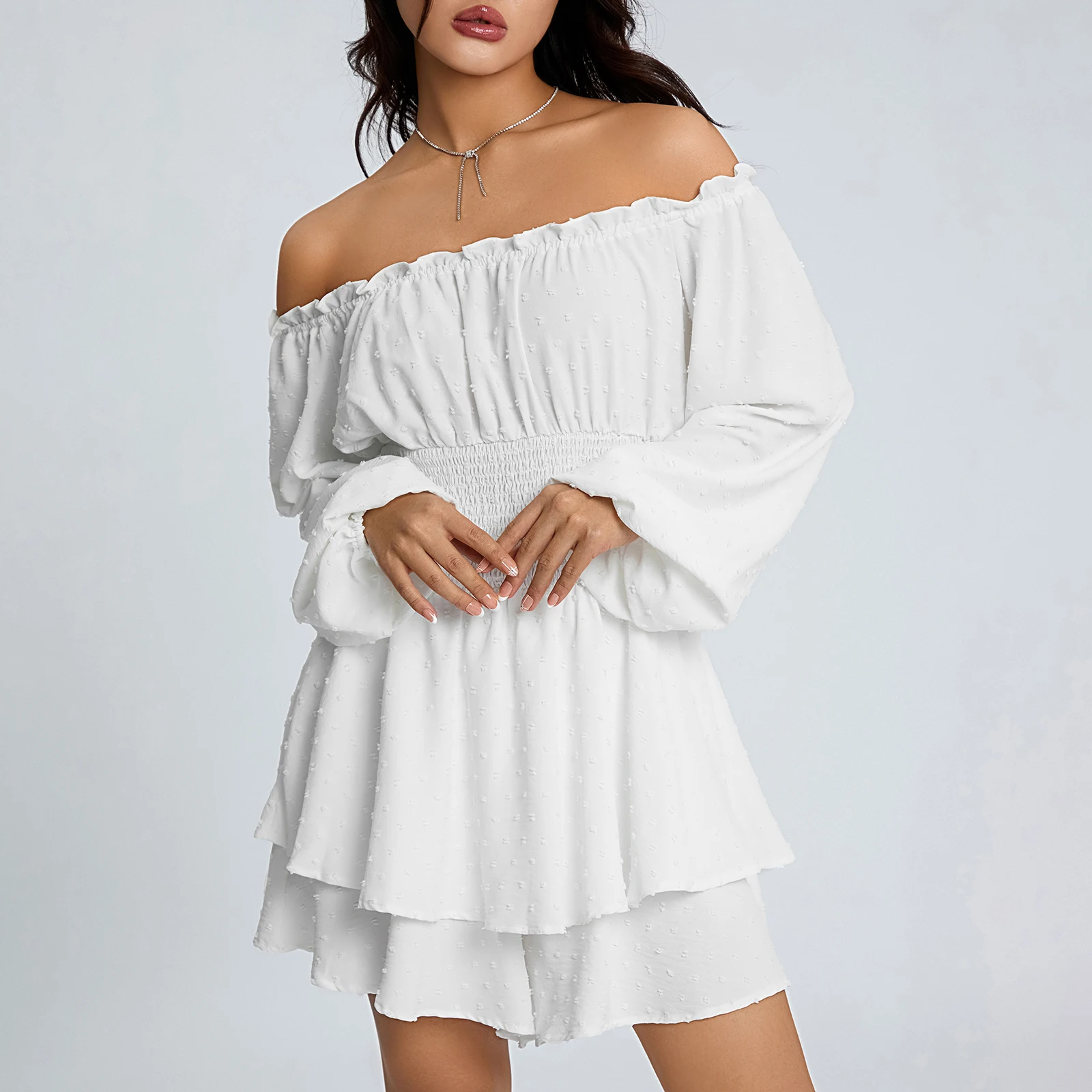 

Women Ruched Playsuit Summer Off Shoulder Long Sleeve Elastic Waist Flouncing Jumpsuit Siamese Trousers Y2k Club Streetwear