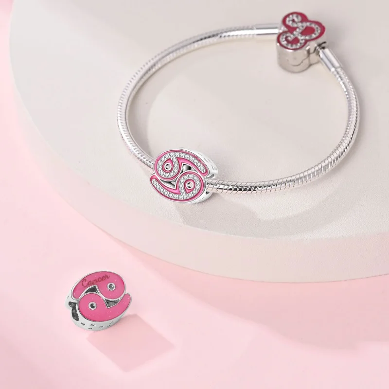 Hot Sale 100% 925 Sterling Silver 12 Pink Constellation Charms Beads Fit Pandach 925 Original Bracelet Fine DIY Birthday Jewelry