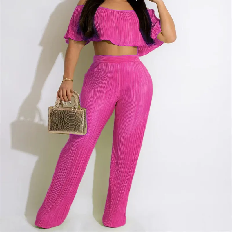 

Elegant Women 2 Two Piece Set Off Shoulder Slash Neck Crop Top High Waist Wide Leg Pants Fashion Pleated Casual Matching Outfits