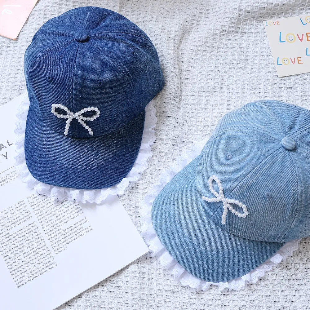 Girls Bow Lace Denim Baseball Hats Fashion Children Peaked Hat Cotton Baby Casual Princess Caps Cotton Retro Kids Sunscreen Cap