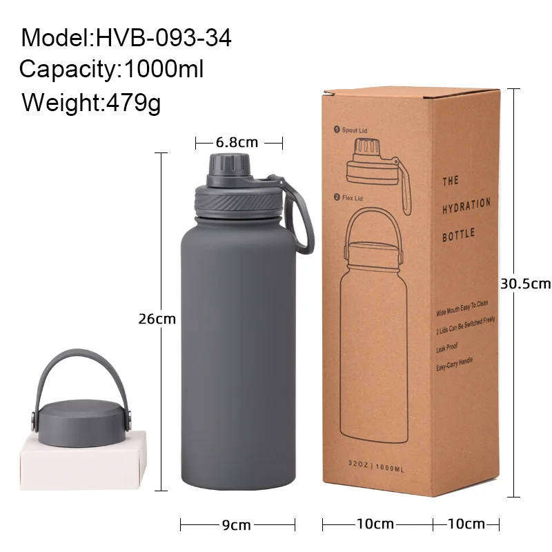 Stainless Steel Thermos Cup A Double Cover 1L Large Capacity Water Cup Portable Outdoor Double Drink Sports Kettle