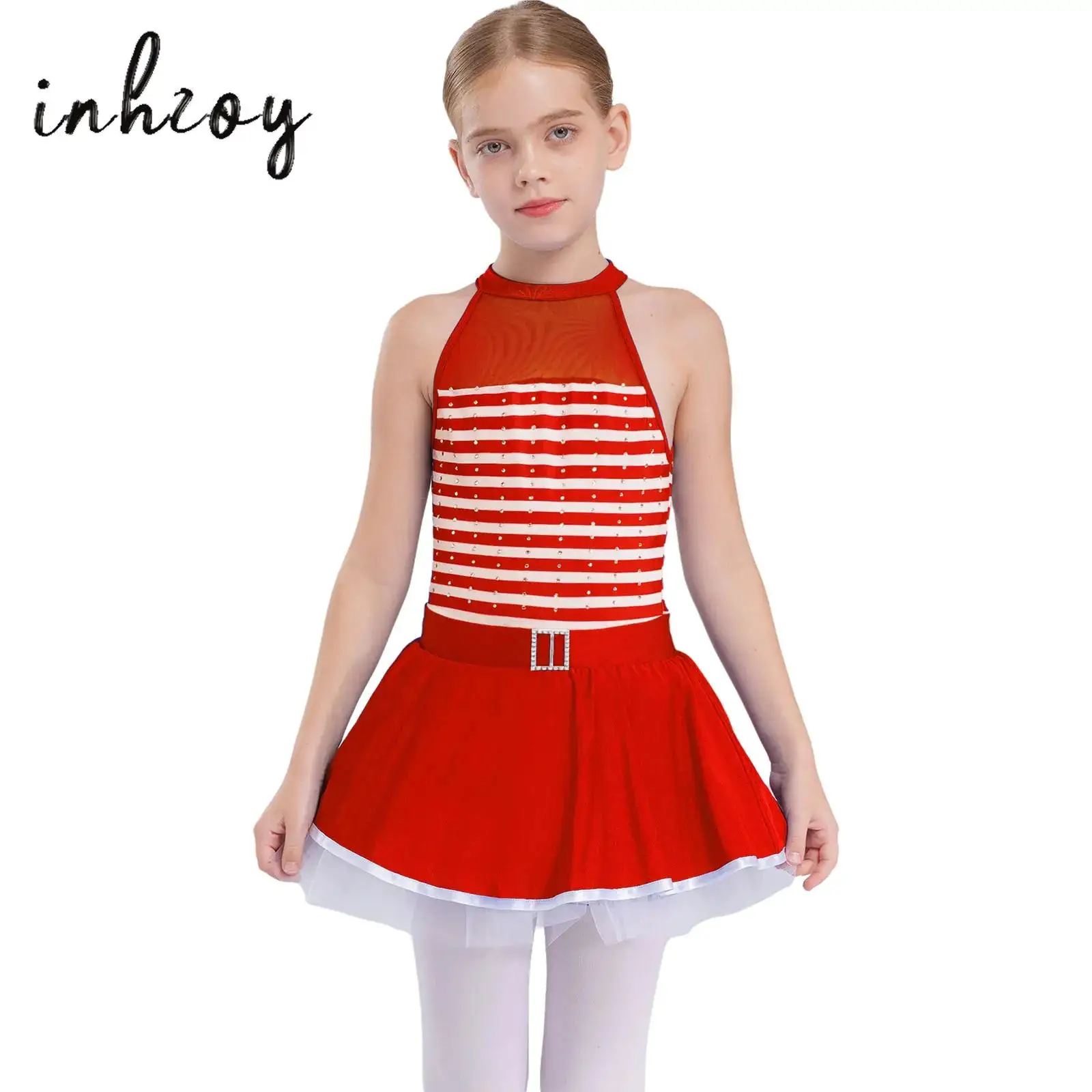 

Kids Girls Ballet Tutu Dress Shiny Rhinestones Sleeveless Keyhole Back Sheer Mesh Patchwork Striped Dresses Modern Dancewear