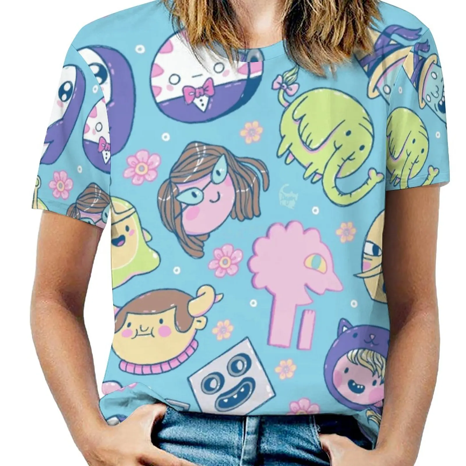 مغامرة الوقت الأصدقاء 2 المرأة تي شيرت موضة جديدة سحاب مطبوع الخامس الرقبة قصيرة الأكمام تي شيرت عادية حجم كبير مغامرة