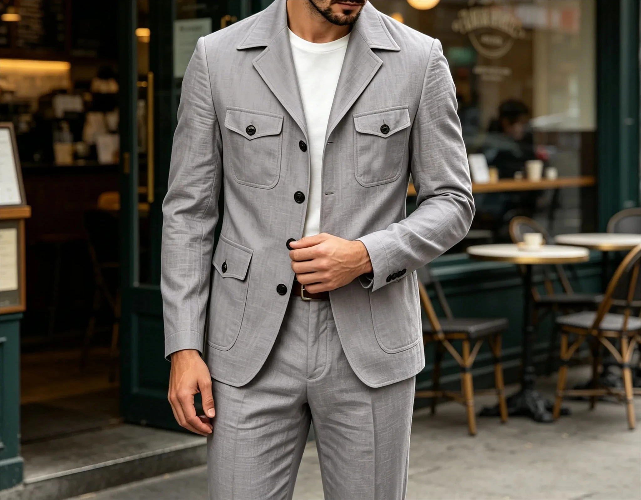 Men's Grey Suit 2 Piece Multi Pocket Peak Lapel Blazer pants Set Lightweight formal Suit for Summer Business Casual
