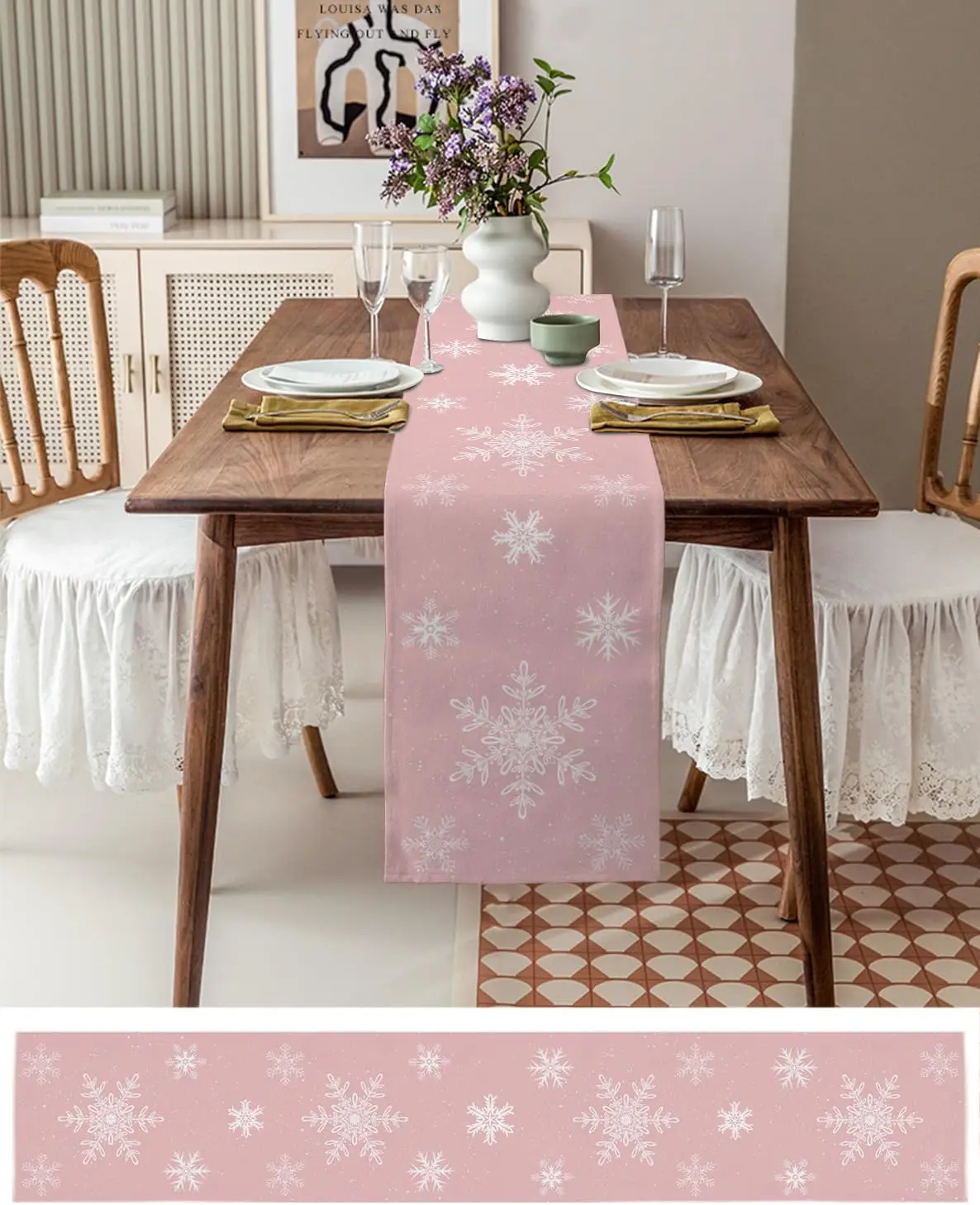 Christmas Snowflakes Linen Table Runner Wedding Party Decor Winter Xmas Pink Table Runners Dresser Scarf Christmas Decorations