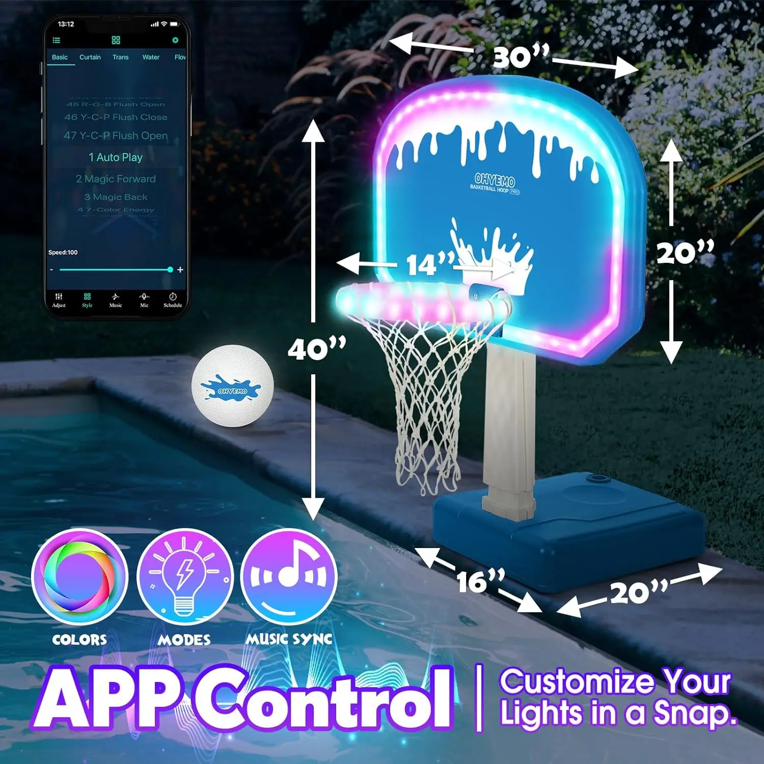 LED Pool Basketball Hoop, Oversized Swimming Pool Basketball Game Set with 14in LED Rim/2 Glow Balls/Base/Pump, App & Music Sync