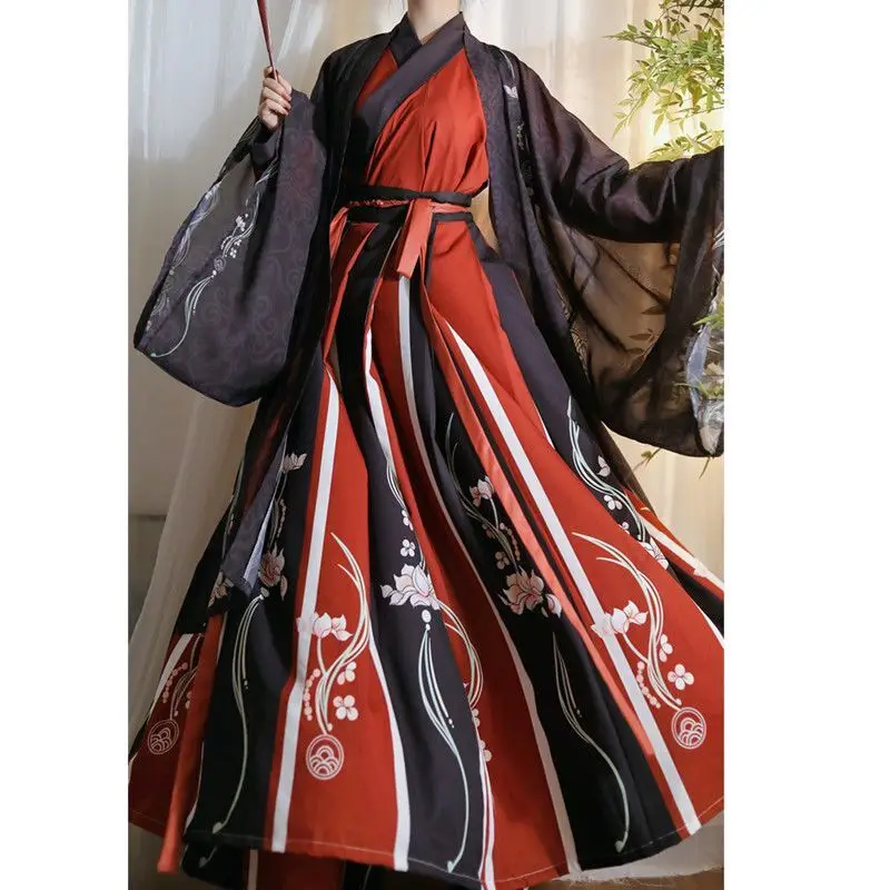 Chinese Traditional Hanfu Dress Women&Men Carnival Cosplay Costume Ancient Print Hanfu Black&Red Set For Couples Plus Size XL