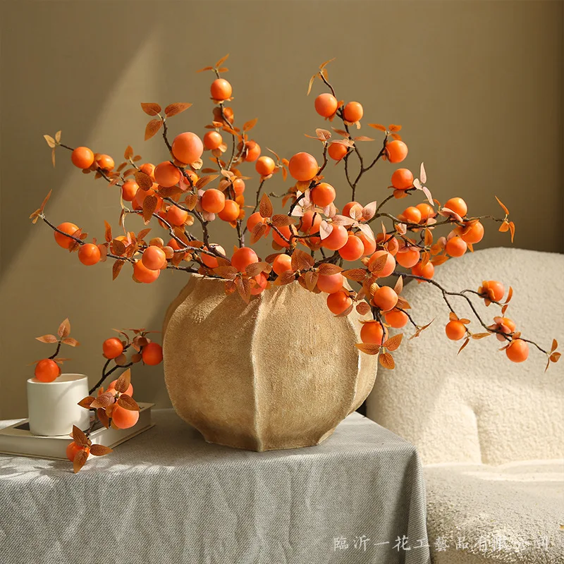 

Vintage Artificial Plants with Fruit Persimmon Autumn Leaves for Home Decor Living Room Entrance Arrangement Interior Decoration