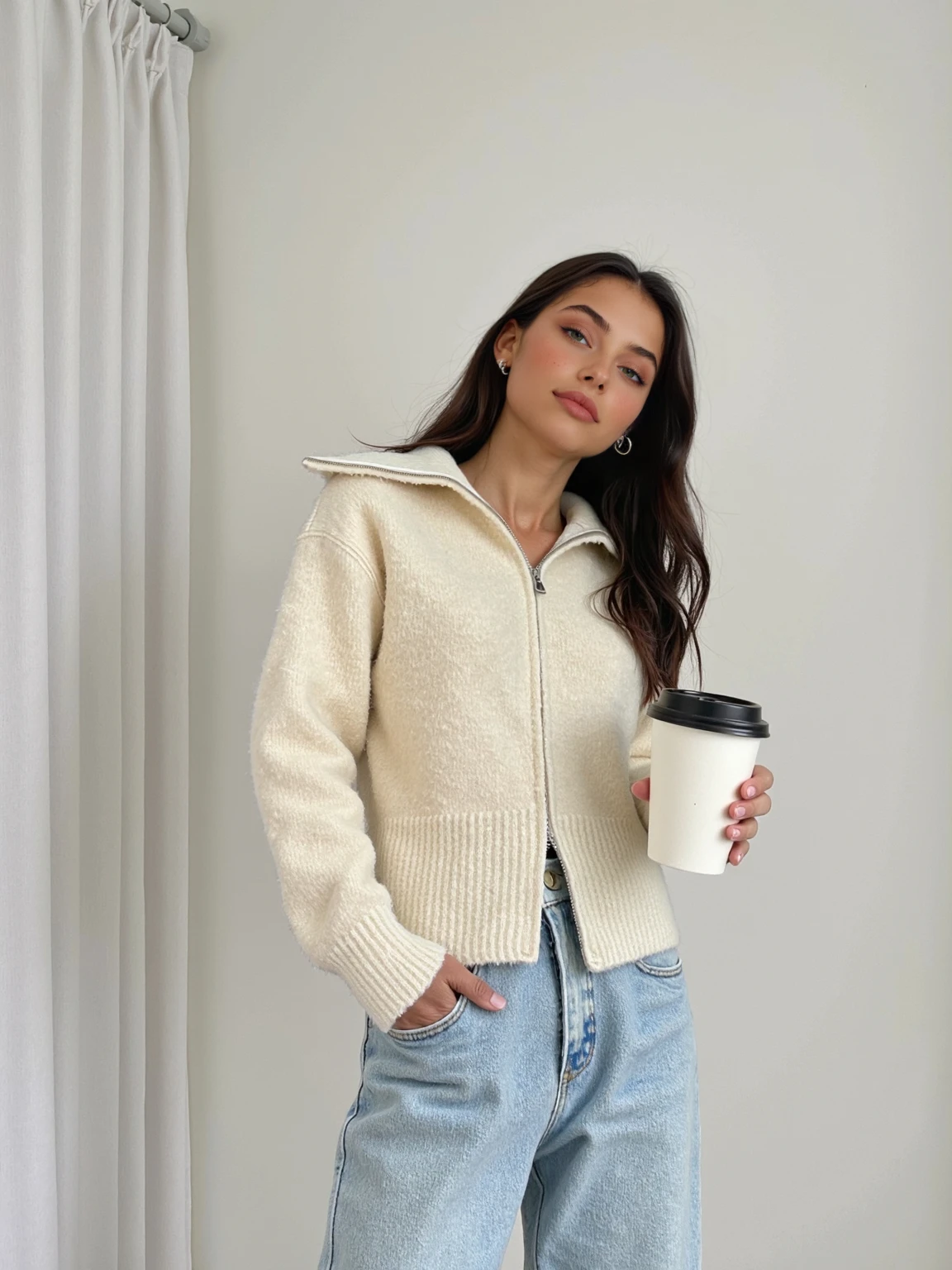 

Double Zipper Pure Color Knitted Sweater Collared Simple Elegant Versatile Fall Winter Warm Long Sleeve Cardigan Top