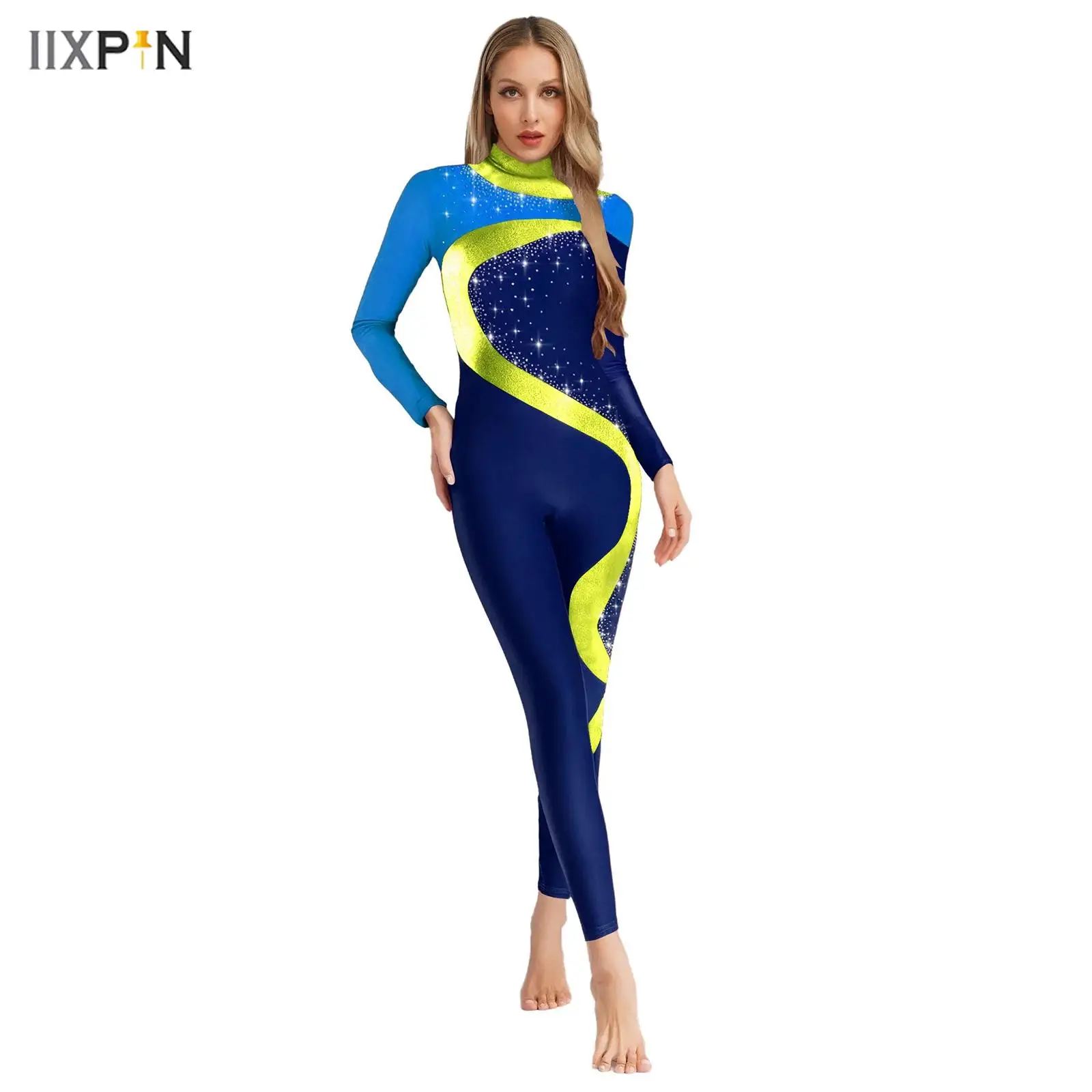 

Women Gymnastics Jumpsuit Mock Neck Long Sleeve Back Hollow Out Shiny Sequins Bodysuit Unitard Ballet Dance Ice Skating Rompers