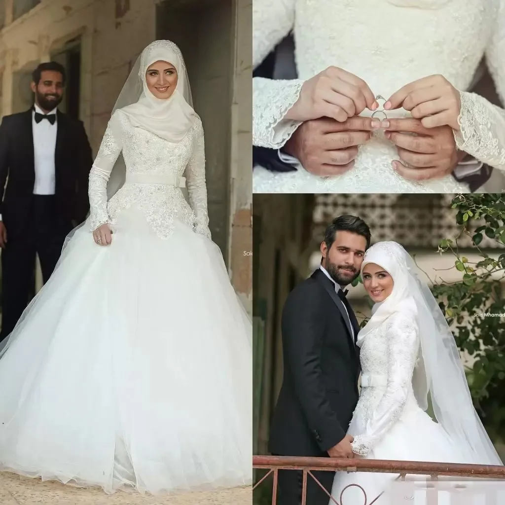 Muslim A Line Wedding Dresses Lace Winter Bridal Gowns Long Sleeves High Neck Midwest Pakistan Custom Made