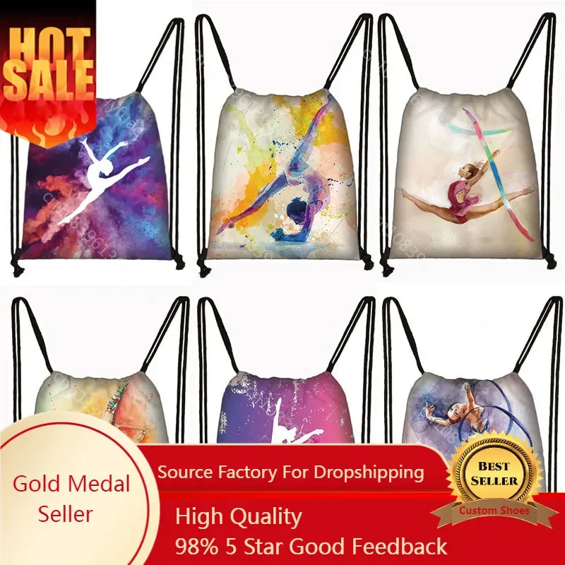 

Watercolor Gymnastics Art Print Drawstring Bag Gymnast Storage Bag Swan Lake Teenager Girls Travel Backpack Shoes Holder Gift