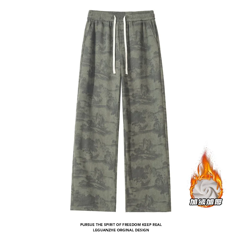 【Mirrordust】25 الشتاء حجم كبير النمط الصيني سروال قصير مبطن بالصوف الدافئة فضفاض مستقيم الساق بنطلون M-5X