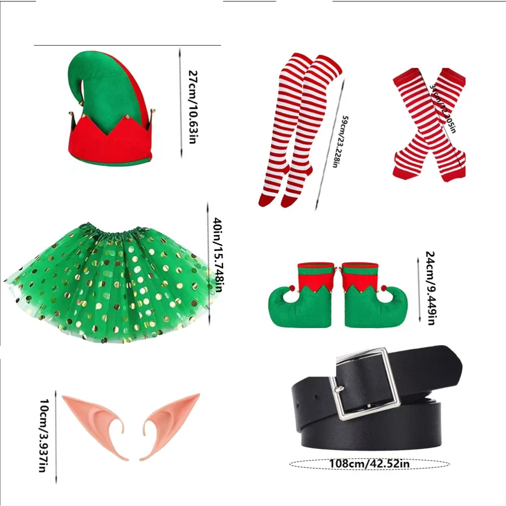 PESENAR قزم زي للنساء عيد الميلاد قزم مآزر قبعة الأحذية يغطي الجوارب ورأى جوارب مخططة آذان لعيد الميلاد تأثيري