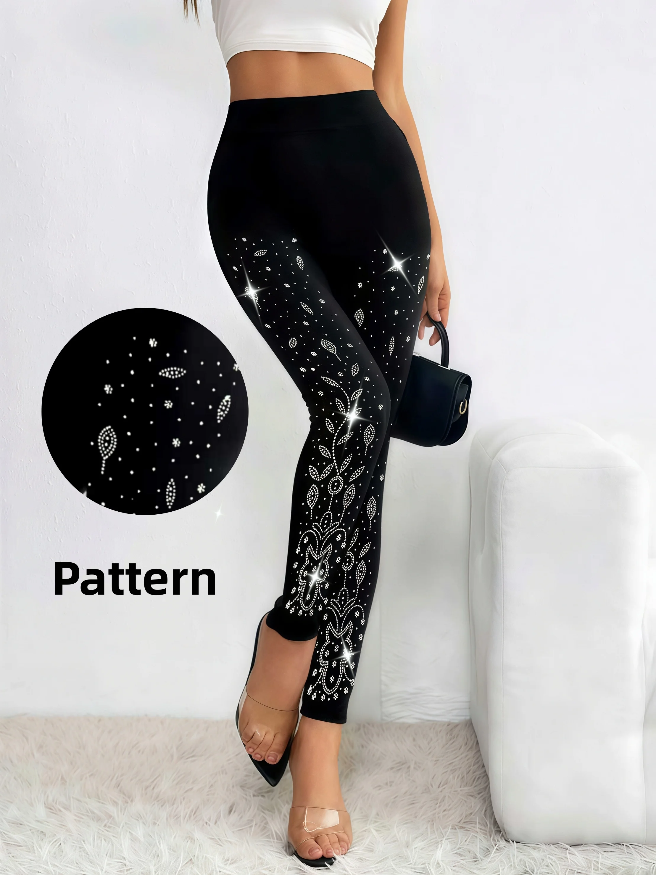 Women's Flower Hot Drilling Leggings Shiny Rhinestone High Waist Stretchy Slim Match Nine Point Pants For Shopping Wear - view 5