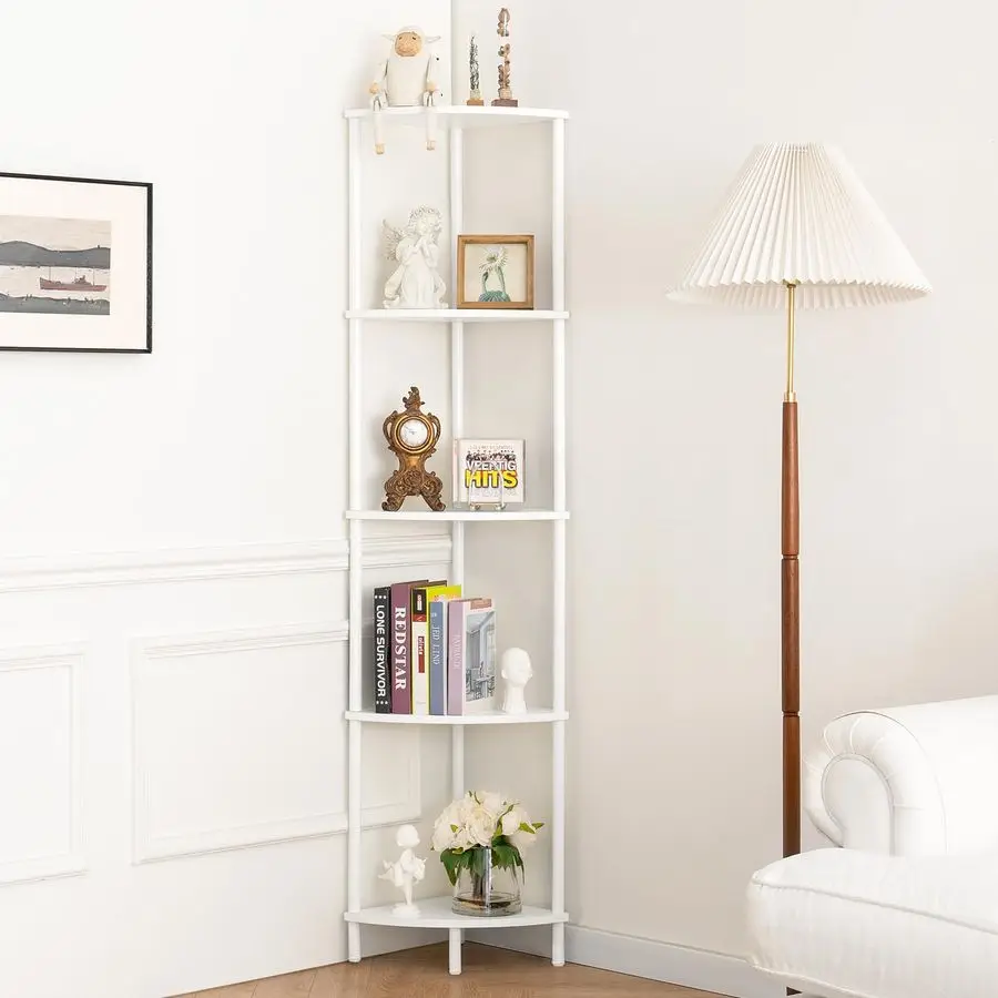 

Corner Shelf Stand, 5Tier Bookshelf, 65 Tall Shelves for Bedroom, Living Room, Narrow Display Shelf Bookcase, White Book Shelf w