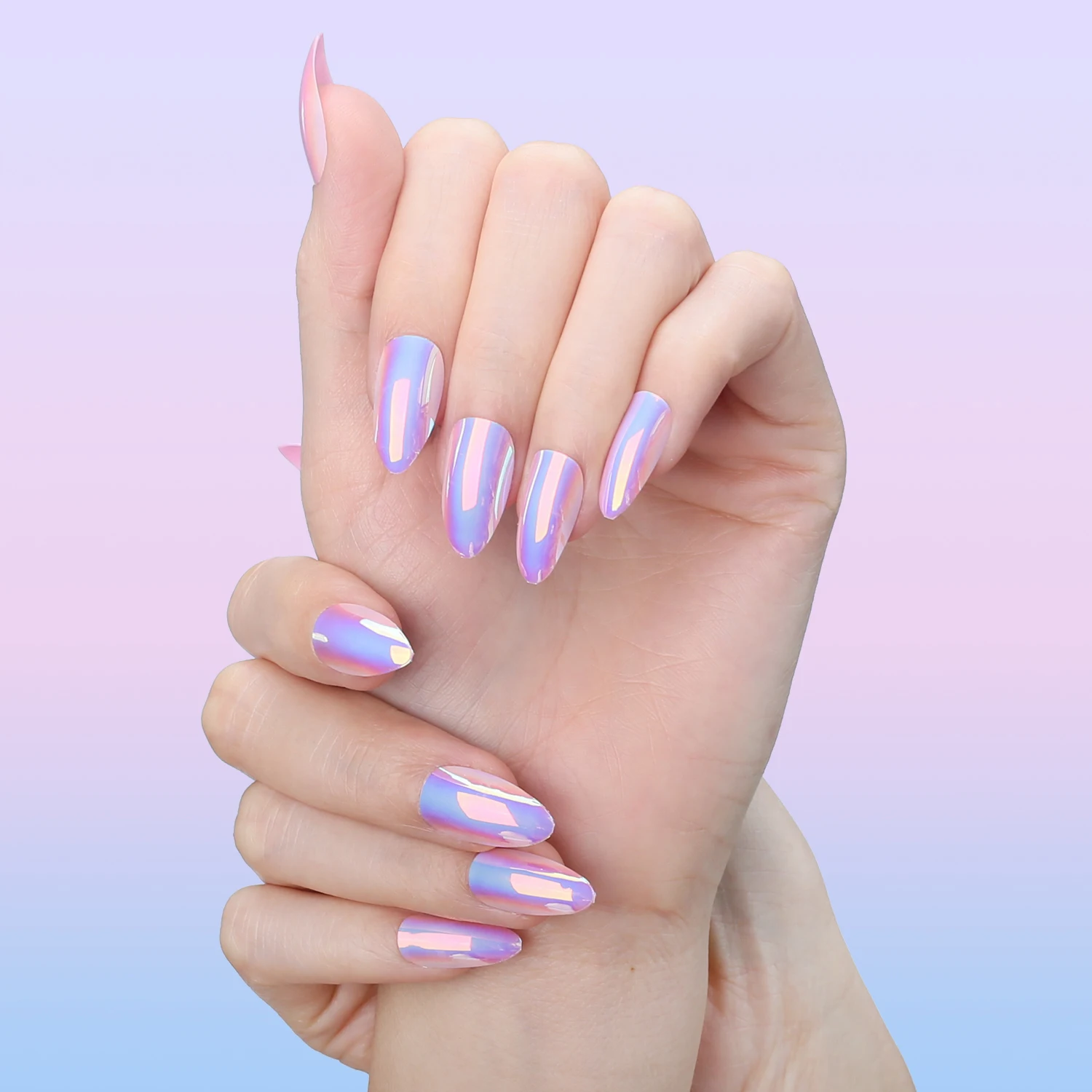 Almond Natural Shape Charming Manicure Tips 24pcs Fantasy Nails Pink Purle Short Chrome Fake nails Holographic Press On Nails