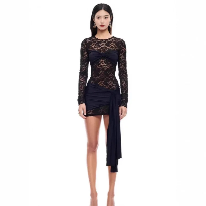 

Lioness Sexy Hot Girl 2025 Round Neck Long Sleeve Bow Lace Cutout Pleated Patchwork Mini Dress