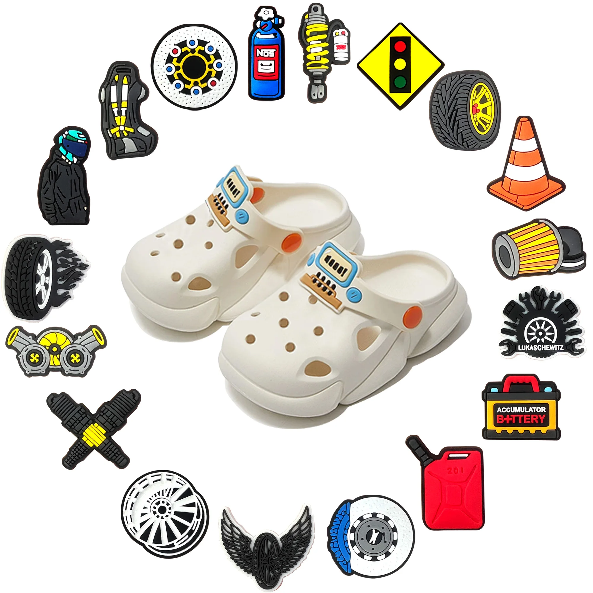 Gute Qualität 1 stücke Auto Zubehör Benzin Reifen Batterien PVC Schuh Charms Zubehör Sandalen Ornamente Für Kinder DIY Präsentieren