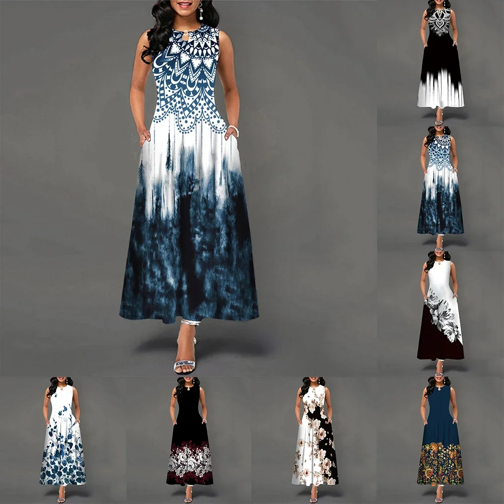 Women Beach Bohemia Dresses Ladies Elegant Sleeveless Casual Floral Print Party Maxi Dress O-Neck Fashion New