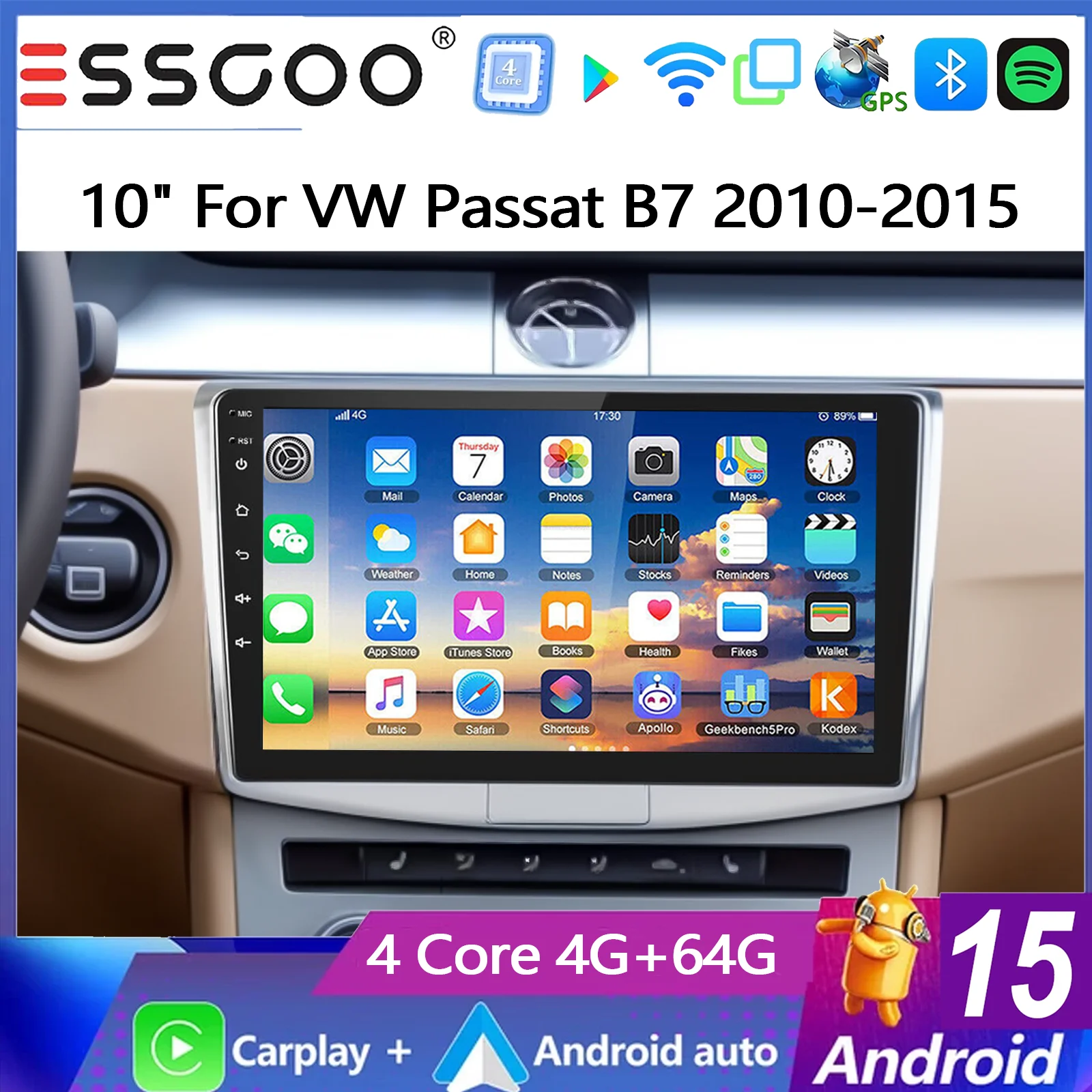 ESSGOO 10 Zoll 4+64G Android 15 Autoradio für VW Passat B7 CC Magotan 2010-2015 GPS-Navigation Radio Wireless Carplay Android Auto FM Bluetooth RDS SWC Wifi ASP Mirror Link IPS Touchscreen