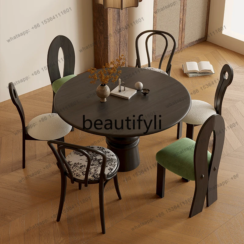 Medieval solid wood round dining table household small apartment French retro dining table black small round table