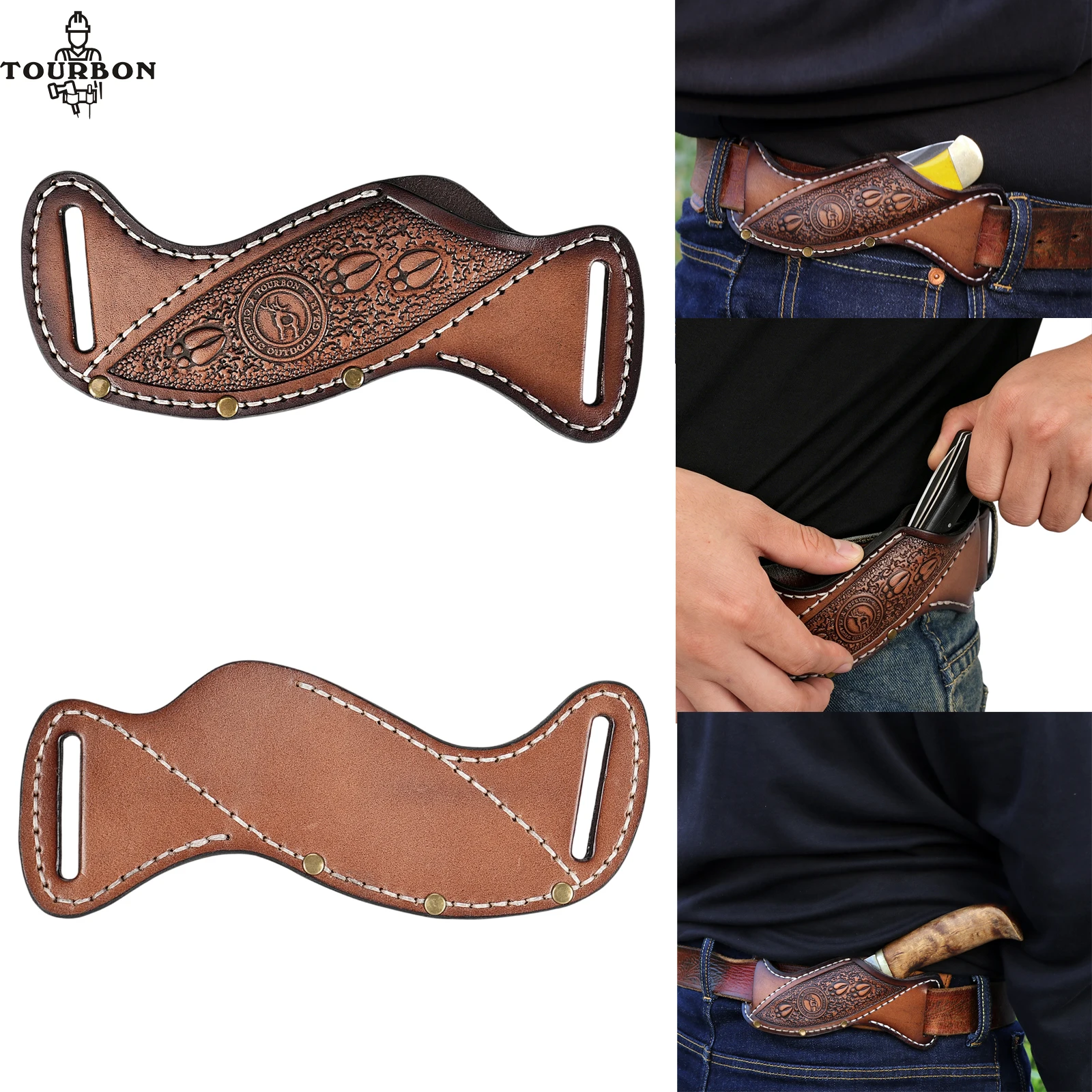 Tourbon Leather Engraved Pancake Fixed Blade Knife Sheath EDC Pocket Organizer for Folding Knife (Knives Are Not Included)