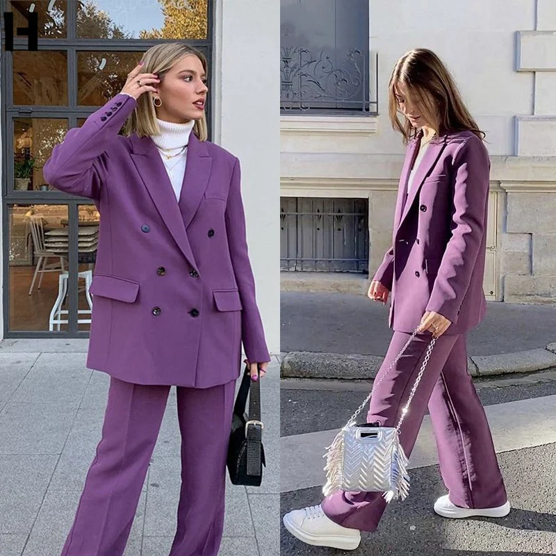 Loose Vintage Purple Women Blazer Suits Peaked Lapel Wide Legs Pants 2 Pieces Custom Made Double Breasted Casual Young Jacket