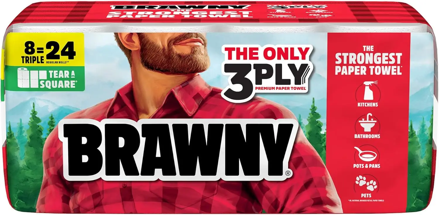 

3-Ply Paper Towels, 8 Triple Rolls = 24 Regular Rolls, Strong & Absorbent with 3 Sheet Sizes