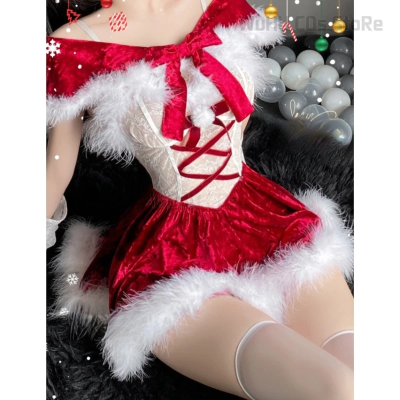 Christmas Party Plush Velvet Uniform with Cloak Cosplay Costume Lace Red New Year Dress Girls Underwear Princess Roleplay Outfit