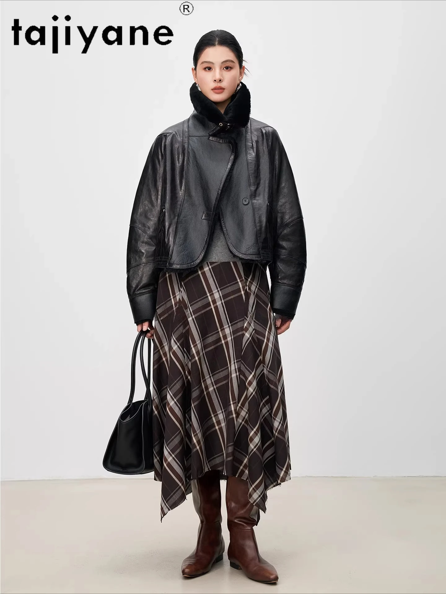 TAJIYANE シープスキン グースダウンコート ショート バイク用 本革ジャケット ウールカラー パファージャケット 2025 冬服 дубленка