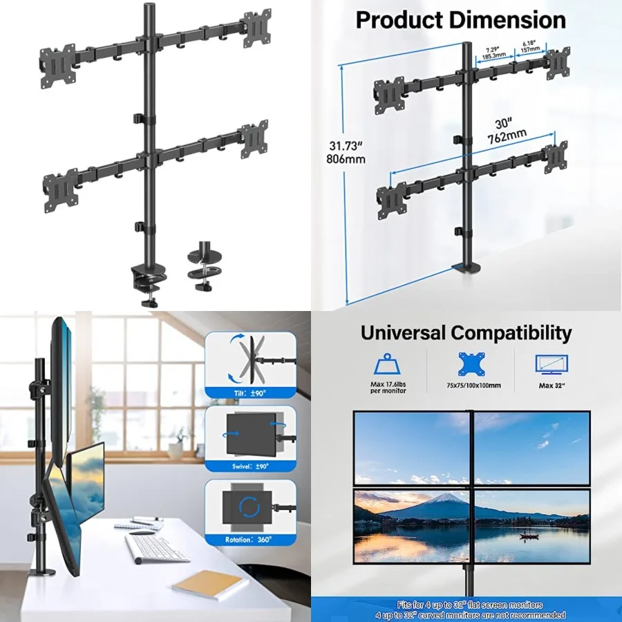 Quad Monitor Stand, 4 Monitors Desk Mount for 17 to 32 inch Computer Screens, Fully Adjustable Stacked Mount with Tilt Swivel, 4 Heavy Duty Monitor Mount, Holds up to 17.6lbs per Arm