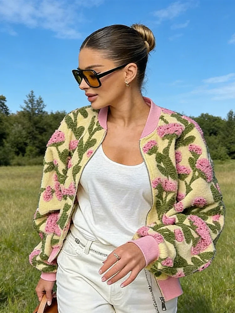 Vintage Damen 3D Blumen-Prägung Bomberjacke Mantel Rundhals Y2K Baseball Reißverschluss-Jacken Neue High-Street Damen Oberbekleidung