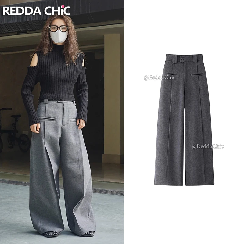 

ReddaChic Women's Pants Autumn Trendy Wide Leg High Waisted Grey Elegant Palazzo Trousers Plus Size Straight Office Pants Slacks