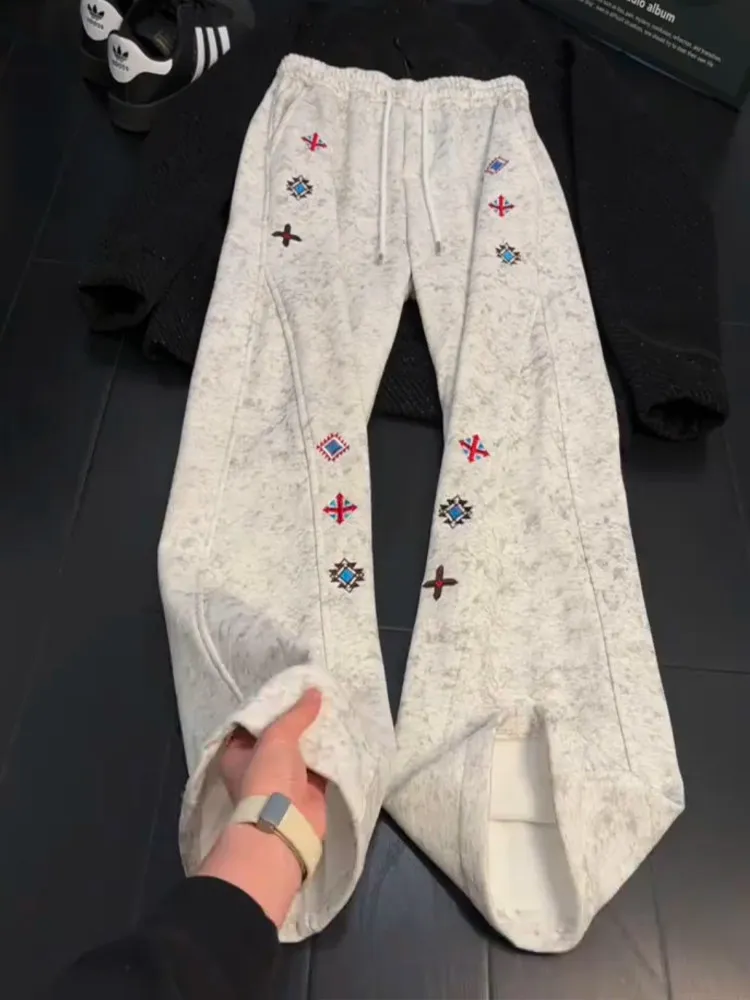 

Американские повседневные брюки с вышивкой и окраской, мужские, для фитнеса и тренировок, прямого кроя, на флисовой подкладке, утягивающие, широкие брюки