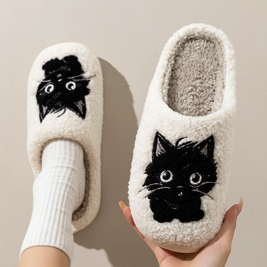 Winter Plush Soft Sole Cute Black Cat Home Slippers Women Indoor Mute Warm Exquisite Bedroom Cotton Shoes for Gift Couple