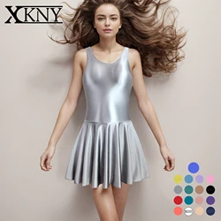 XCKNY satin Glossy dress elastic glossy Smooth Tight Tank Top Crew neck vest Long Skirt Tight Dress Beach Cover Up  Summer Dress