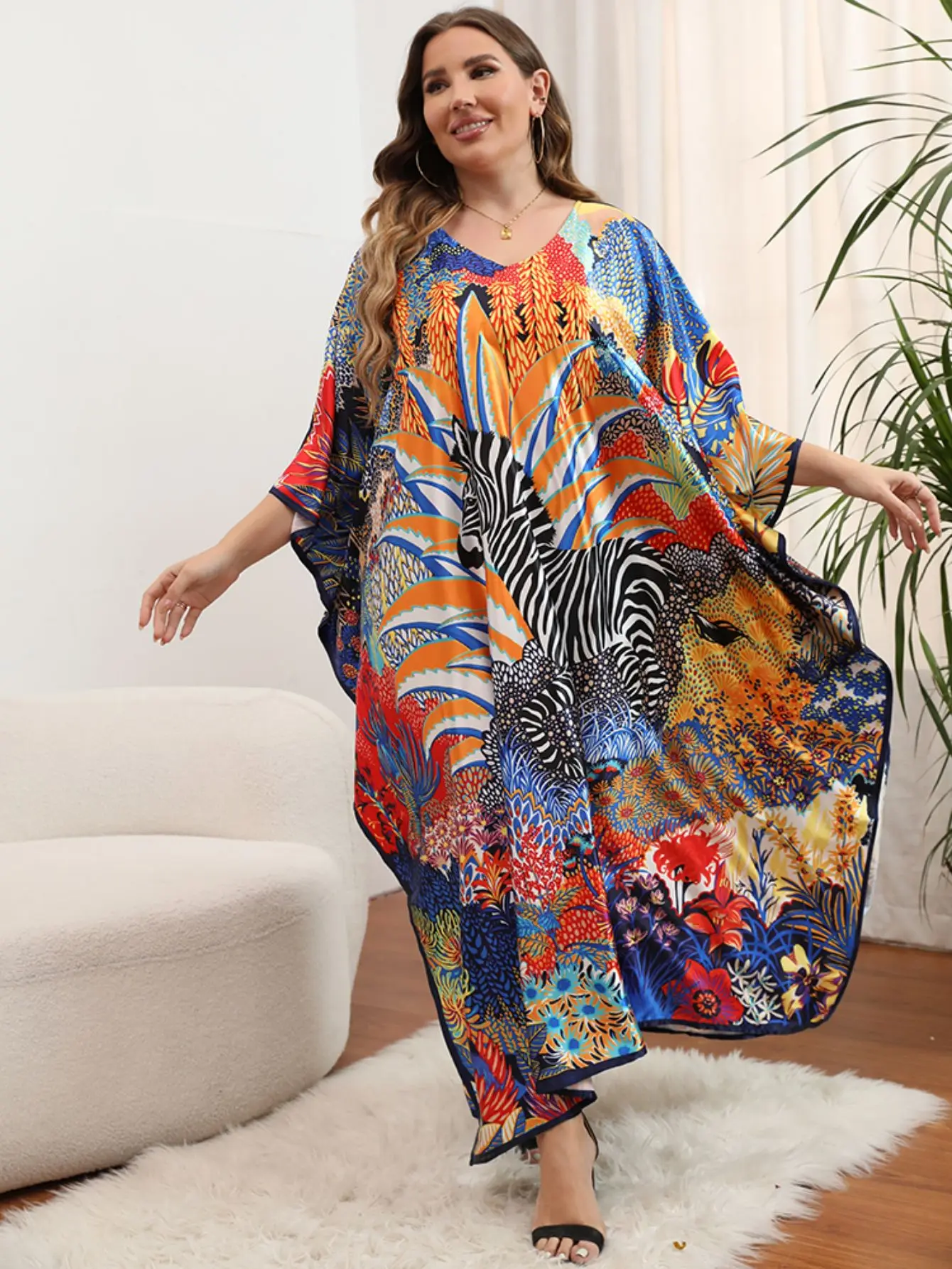 Plus Size Boho zakrywają damskie s Plus wydruk graficzny rękaw w kształcie skrzydła nietoperza z dekoltem w szpic luźna, z wycięciem sukienka