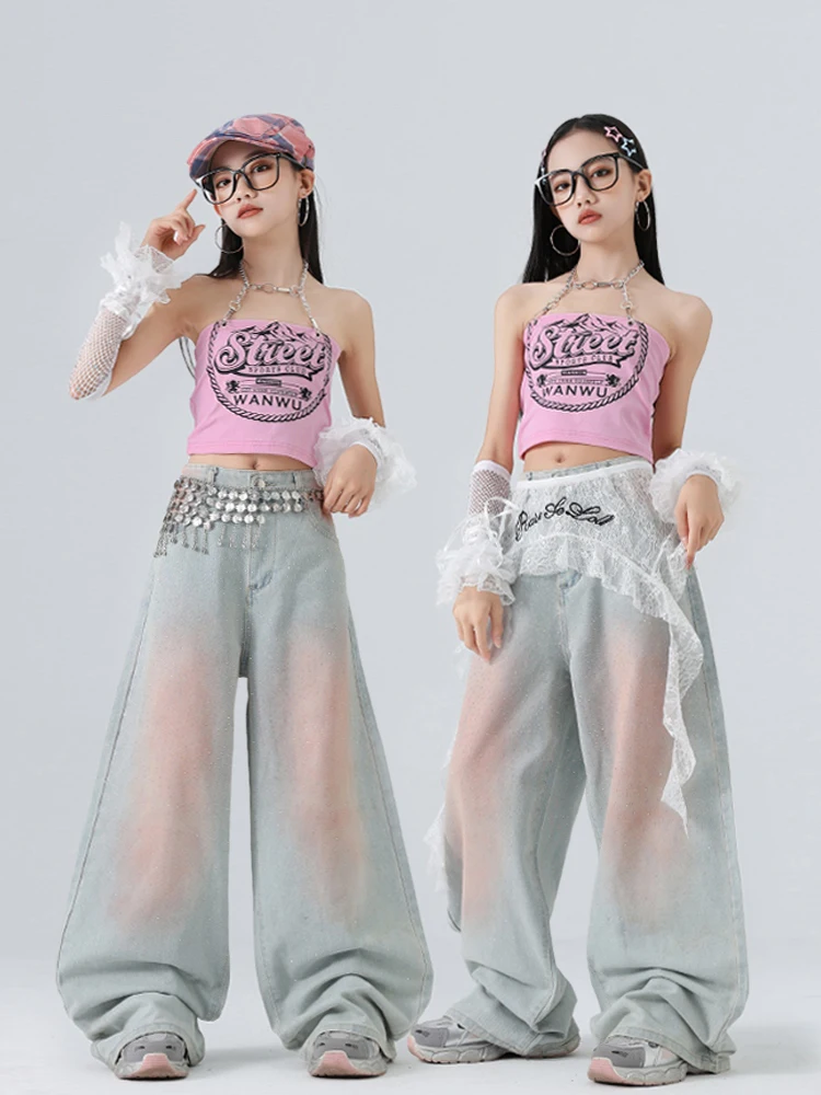 Ropa de baile de Jazz a la moda para niñas, Tops rosas, pantalones vaqueros con lentejuelas, traje de actuación Kpop, disfraz de Concierto de pasarela, ropa de escenario BL16784